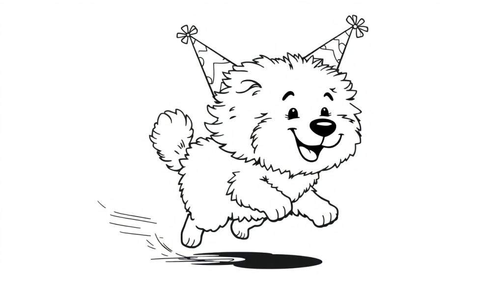 Disegno da colorare di un cucciolo di cane dei cartoni animati che salta allegramente con cappelli da festa sulle orecchie.