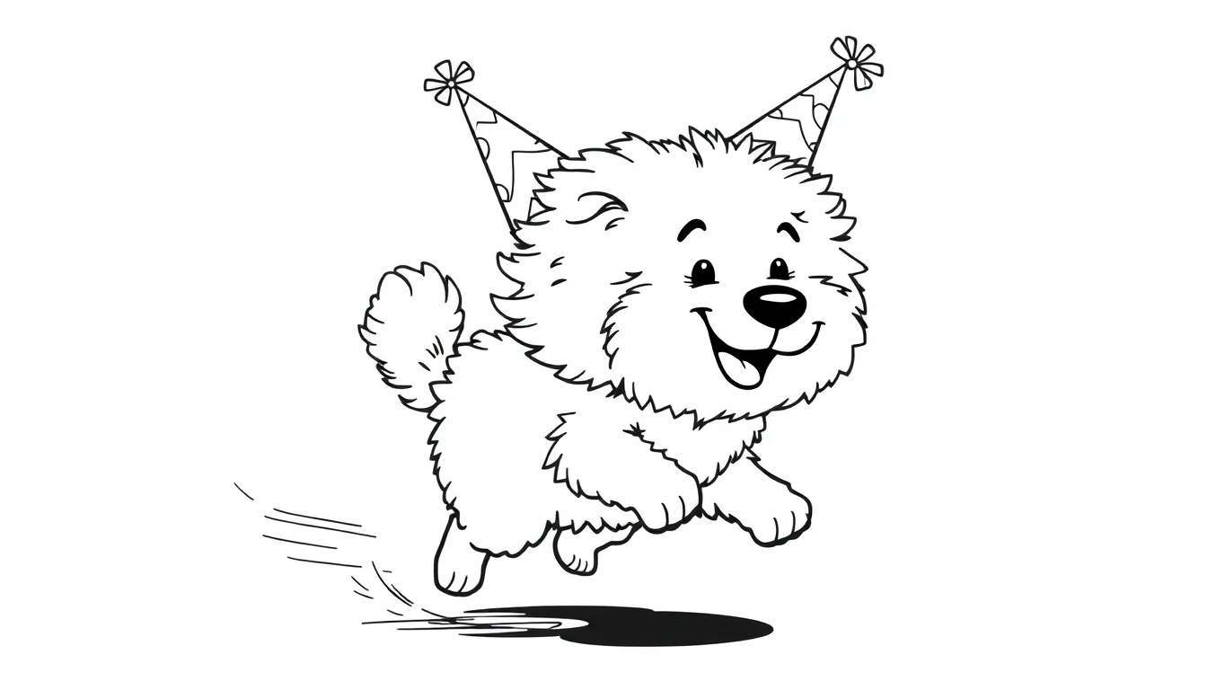 Disegno da colorare di un cucciolo di cane dei cartoni animati che salta allegramente con cappelli da festa sulle orecchie.