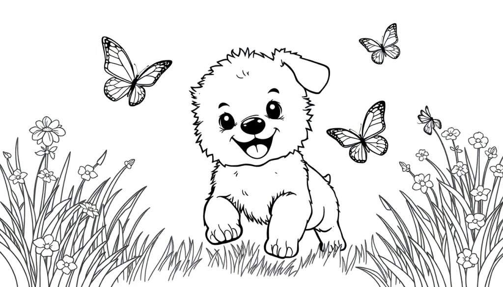 Disegno a linea di un cucciolo di cane che gioca in un prato fiorito con farfalle, pronto per essere colorato.