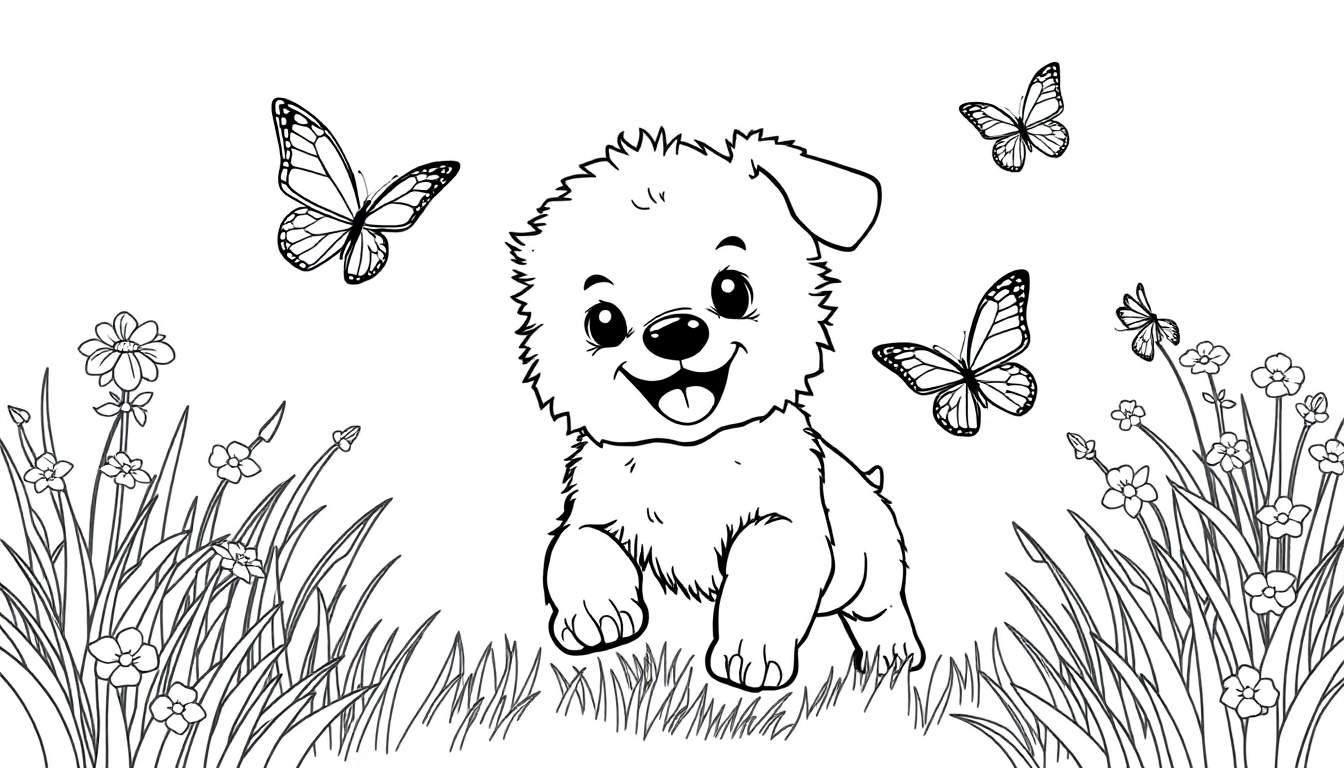 Disegno a linea di un cucciolo di cane che gioca in un prato fiorito con farfalle, pronto per essere colorato.