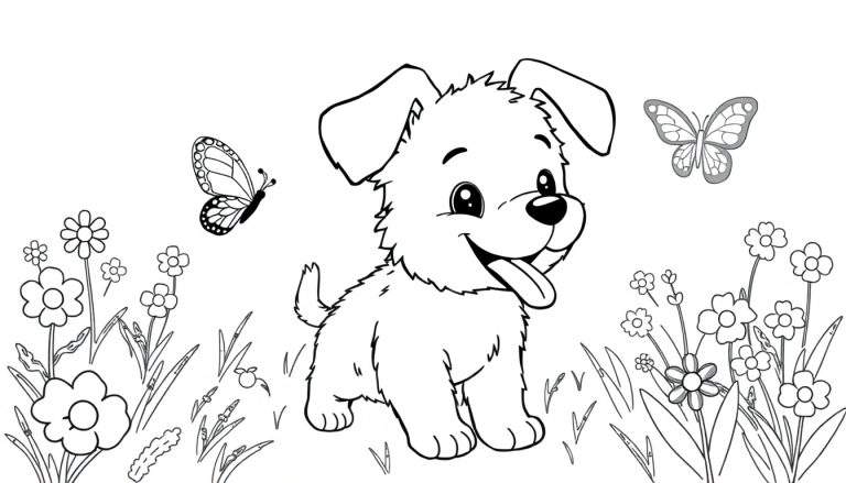 Disegno in bianco e nero di un cucciolo di cane con lingua fuori seduto in un prato fiorito con due farfalle.