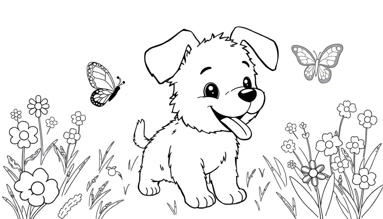 Disegno in bianco e nero di un cucciolo di cane con lingua fuori seduto in un prato fiorito con due farfalle.