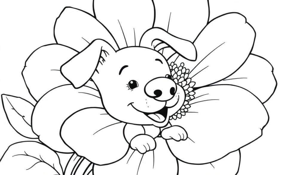 Disegno a linea bianca e nera di un cucciolo di maiale felice con gli occhi chiusi e un sorriso largo, che emerge da una grande struttura a forma di fiore con petali ampi e un centro a motivo di girasole.