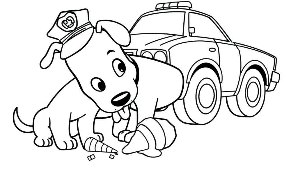 Disegno al tratto di un cucciolo di cane in divisa da poliziotto con un cappello, accanto a un'auto della polizia e una carota rotta.