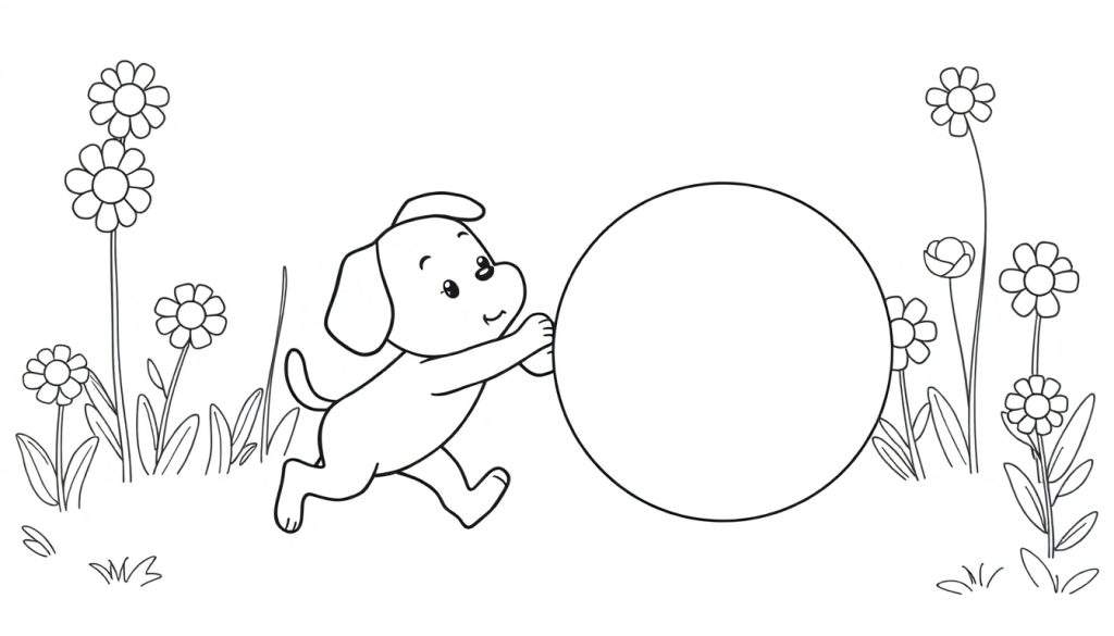 Disegno a linea di un cucciolo che spinge una palla bianca in un prato fiorito.