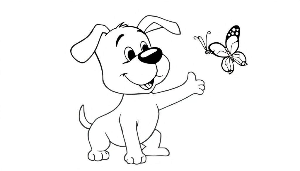 Disegno a linea nera su sfondo bianco di un cucciolo di cane stilizzato che solleva il pollice e guarda una farfalla.