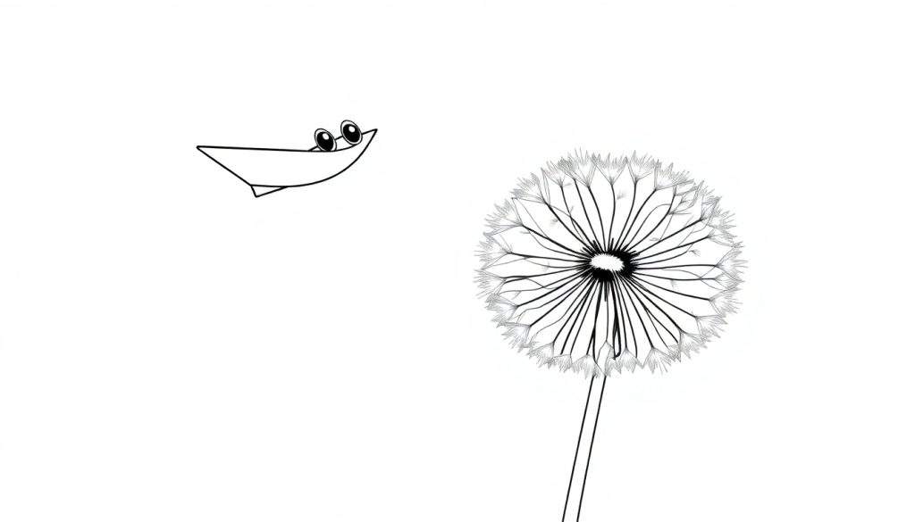 Disegno da colorare di un dente di leone con una barca stilizzata e occhi.