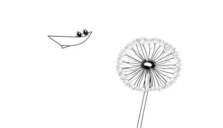 Disegno da colorare di un dente di leone con una barca stilizzata e occhi.