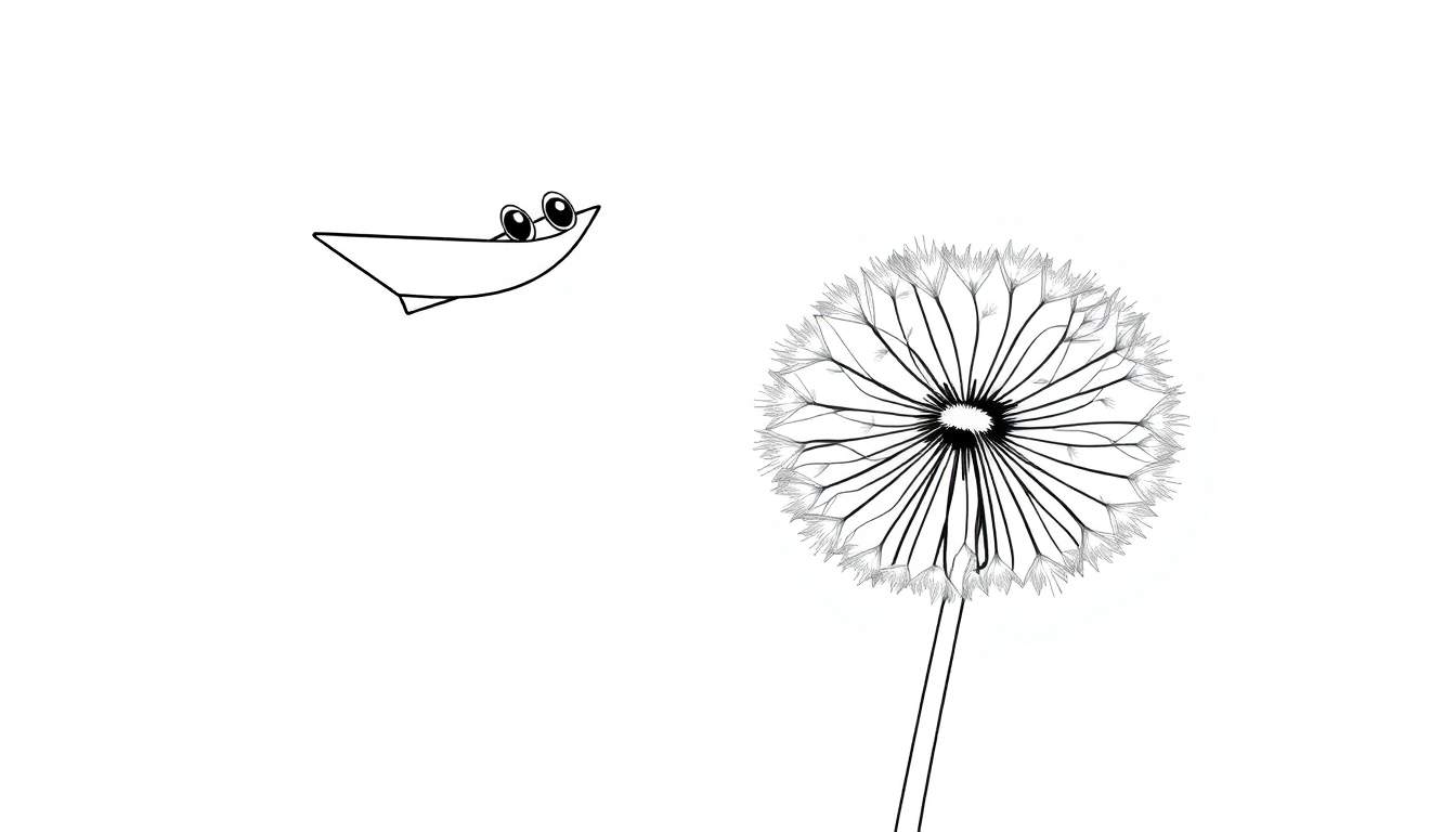 Disegno da colorare di un dente di leone con una barca stilizzata e occhi.