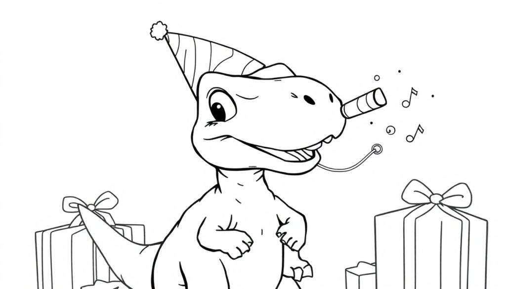 Disegno da colorare di un dinosauro con cappello da festa che soffia in un corno, con regali e note musicali.