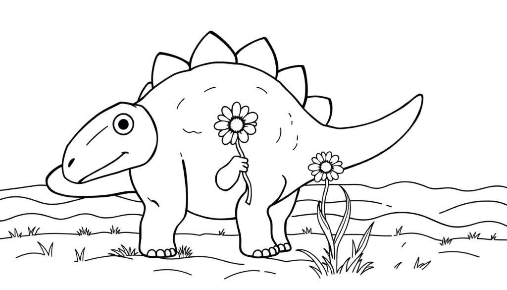 Disegno in bianco e nero di un simpatico dinosauro con una margherita in mano, in piedi sull'erba vicino a uno stagno.