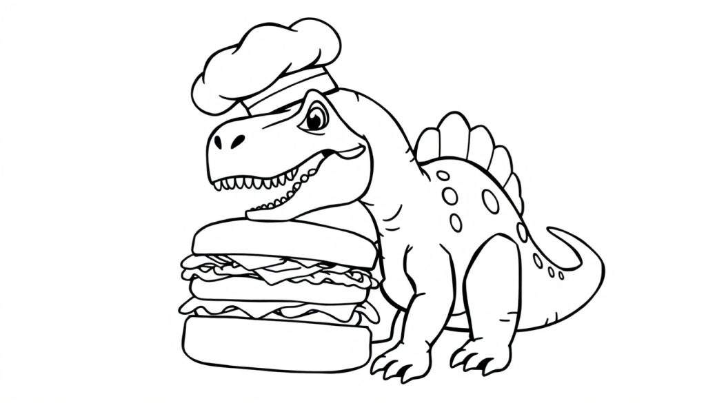 Disegno a linea di un dinosauro chef con un cappello da cuoco in testa, in piedi accanto a un grande hamburger. Line art per bambini.