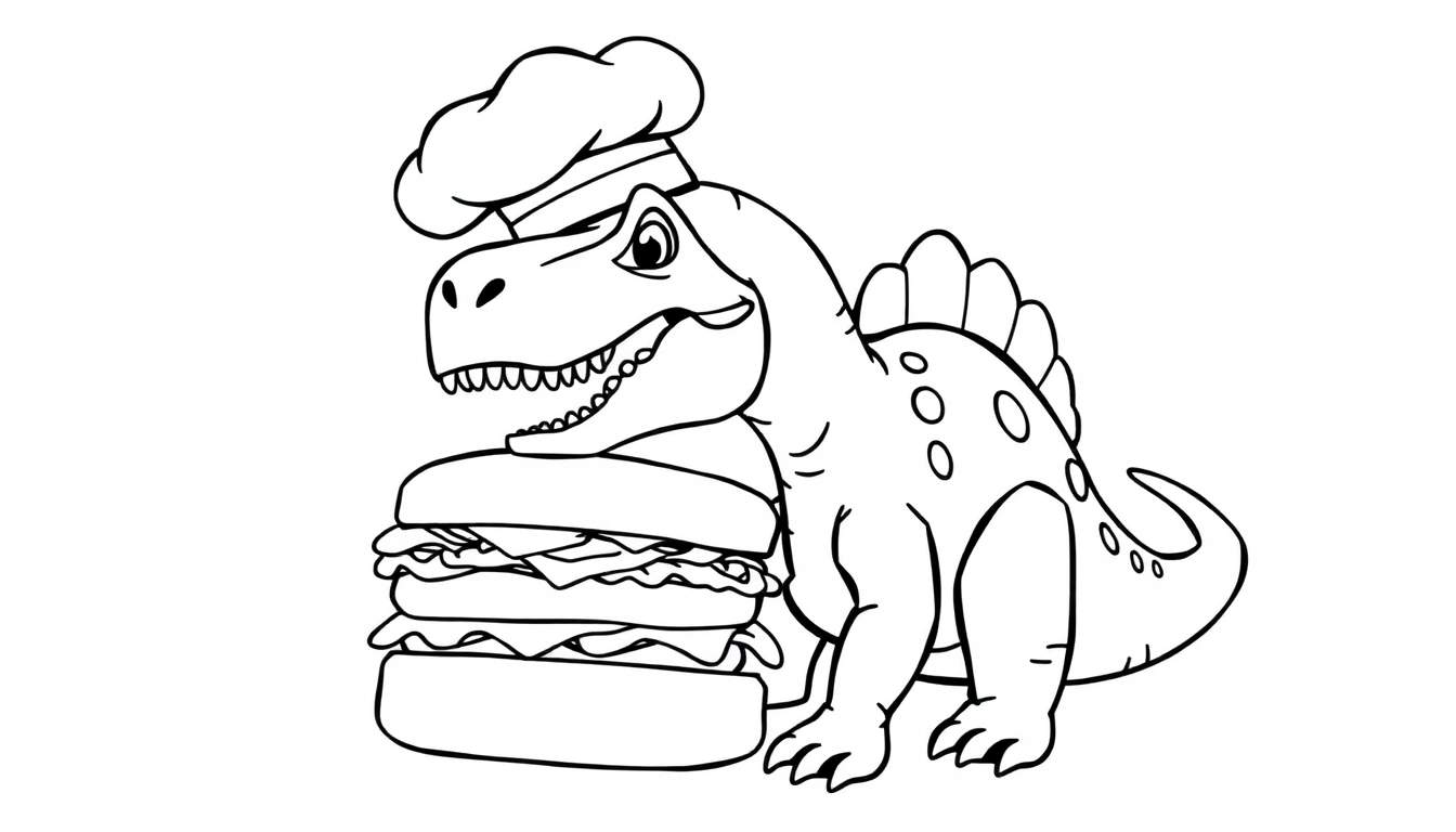 Disegno a linea di un dinosauro chef con un cappello da cuoco in testa, in piedi accanto a un grande hamburger. Line art per bambini.