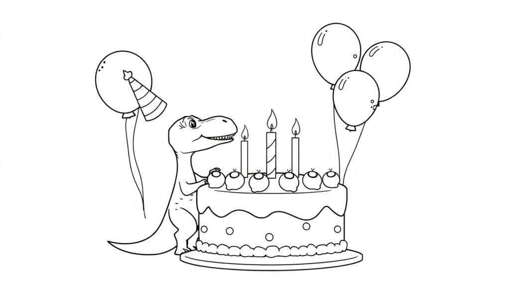 Disegno da colorare di un dinosauro stilizzato con una torta di compleanno.