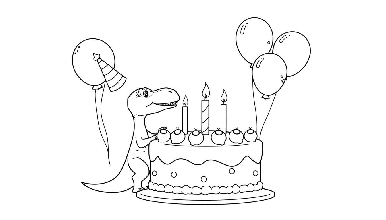 Disegno da colorare di un dinosauro stilizzato con una torta di compleanno.