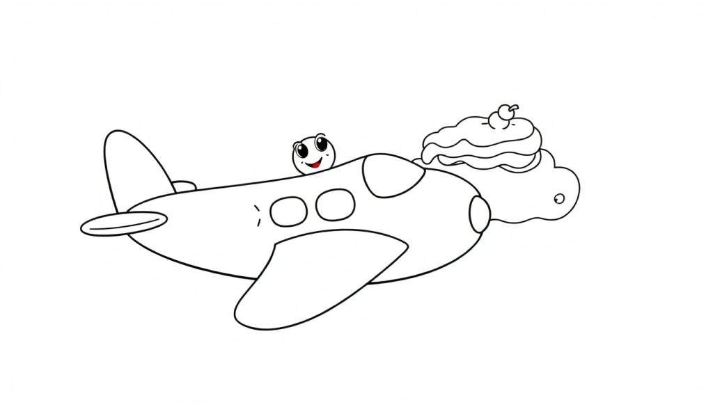 Disegno da colorare di un aeroplanino dei cartoni animati con un viso allegro che vola tra le nuvole, con una torta decorata su una nuvola.