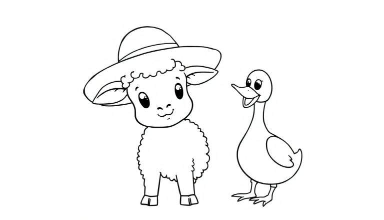 Disegno al tratto di un agnello con un cappello e un'anatra.