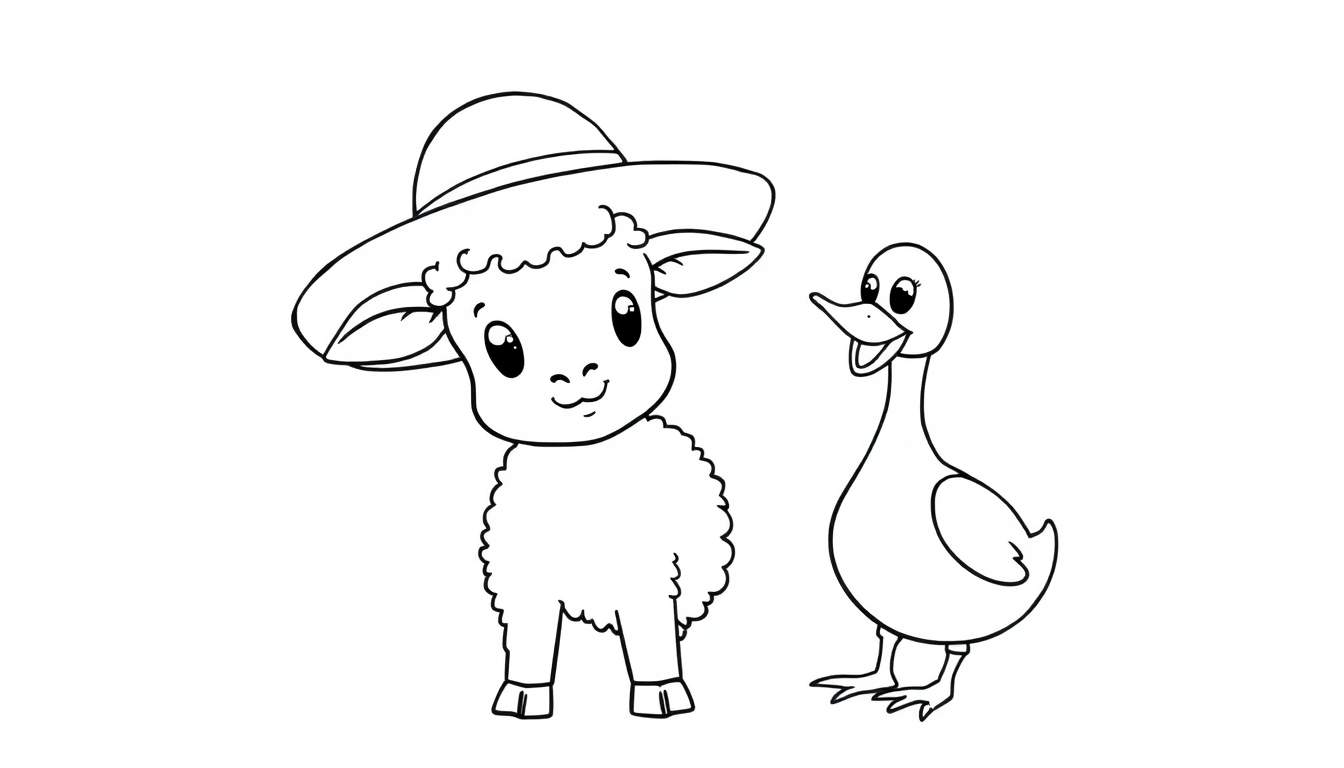 Disegno al tratto di un agnello con un cappello e un'anatra.