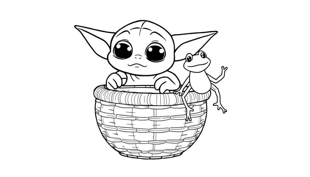 Disegno a fumetti di un bambino alieno con grandi occhi seduto in un cesto di vimini, con una rana sul bordo.