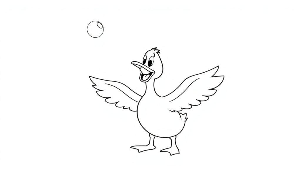 Disegno a fumetti di un'anatra felice con ali aperte e una bolla che galleggia sopra la sua testa.