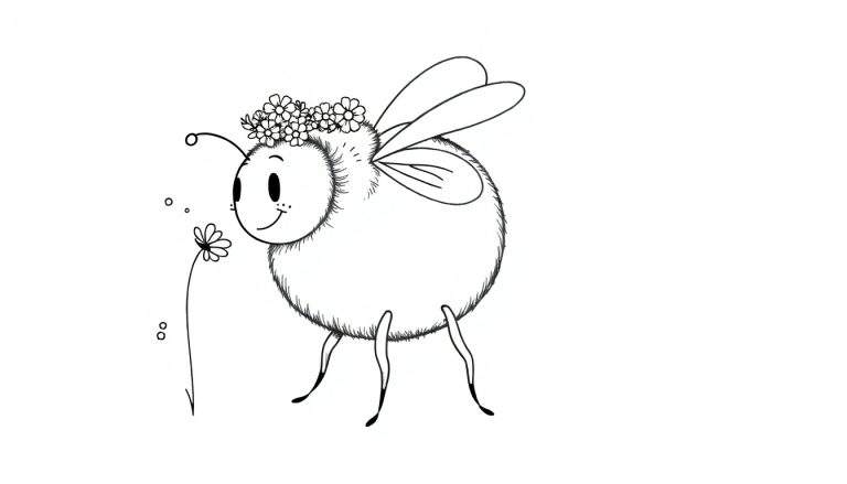 Disegno a mano libera in bianco e nero di un'ape carina con occhi grandi, un sorriso, ali a foglia e una coroncina di fiori. Davanti all'ape c'è un piccolo fiore con bollicine d'aria. Sfondo bianco.