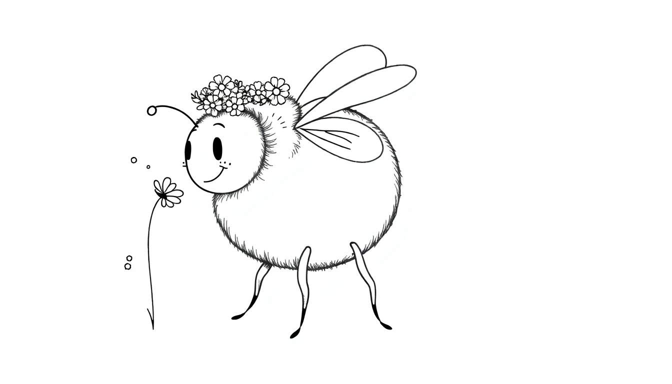Disegno a mano libera in bianco e nero di un'ape carina con occhi grandi, un sorriso, ali a foglia e una coroncina di fiori. Davanti all'ape c'è un piccolo fiore con bollicine d'aria. Sfondo bianco.
