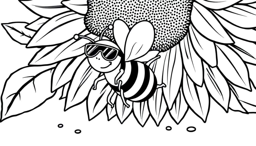 Disegno da colorare: ape con occhiali da sole, girasole e foglie.