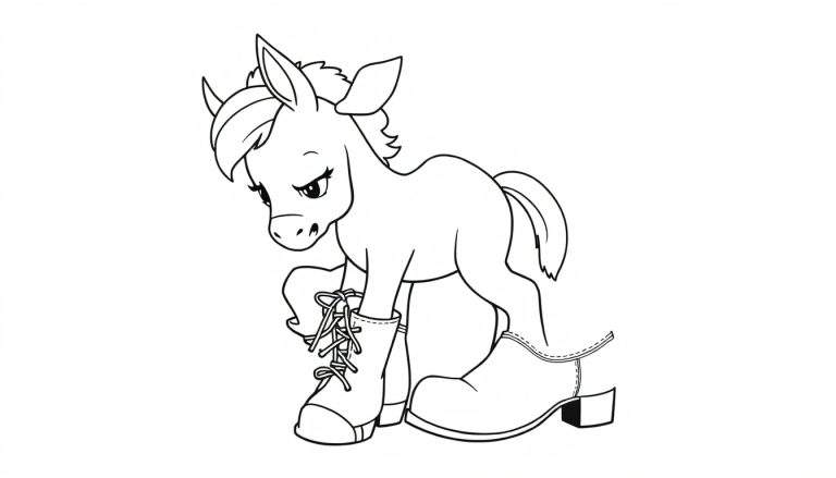 Disegno in bianco e nero di un asinello con espressione triste che tenta di indossare uno stivale e una scarpa elegante troppo grandi.