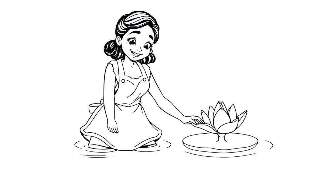 Disegno da colorare: bambina in ginocchio su uno stagno che tocca un fiore di loto, con i capelli in due chignon e un grembiule con bretelle.