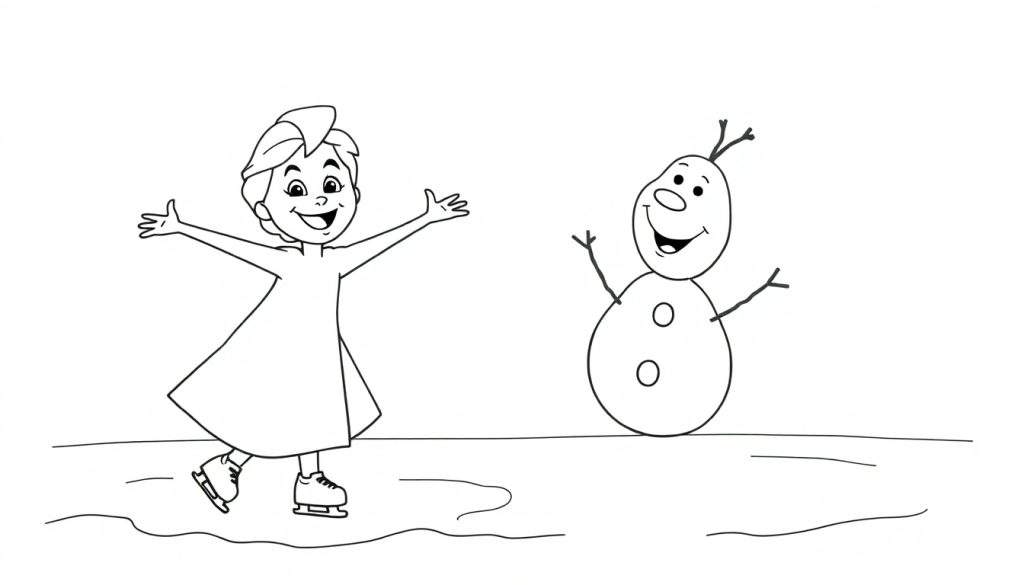 Disegno da colorare di una bambina che pattina sul ghiaccio con un pupazzo di neve.