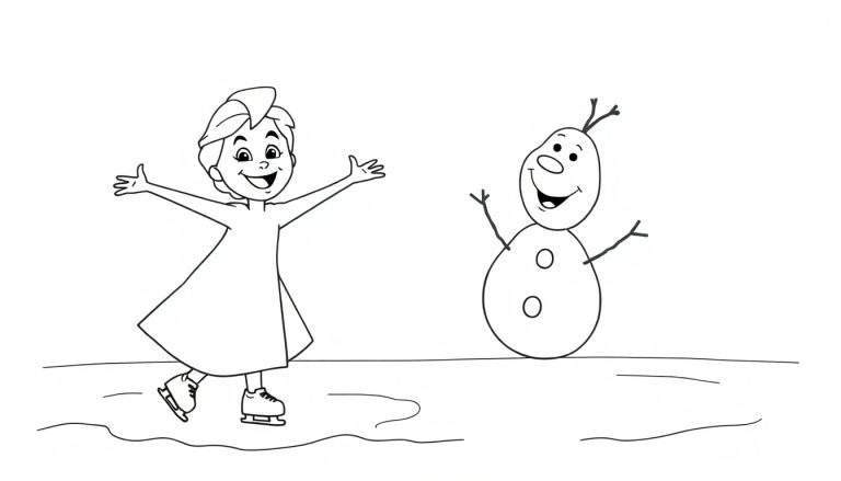 Disegno da colorare di una bambina che pattina sul ghiaccio con un pupazzo di neve.