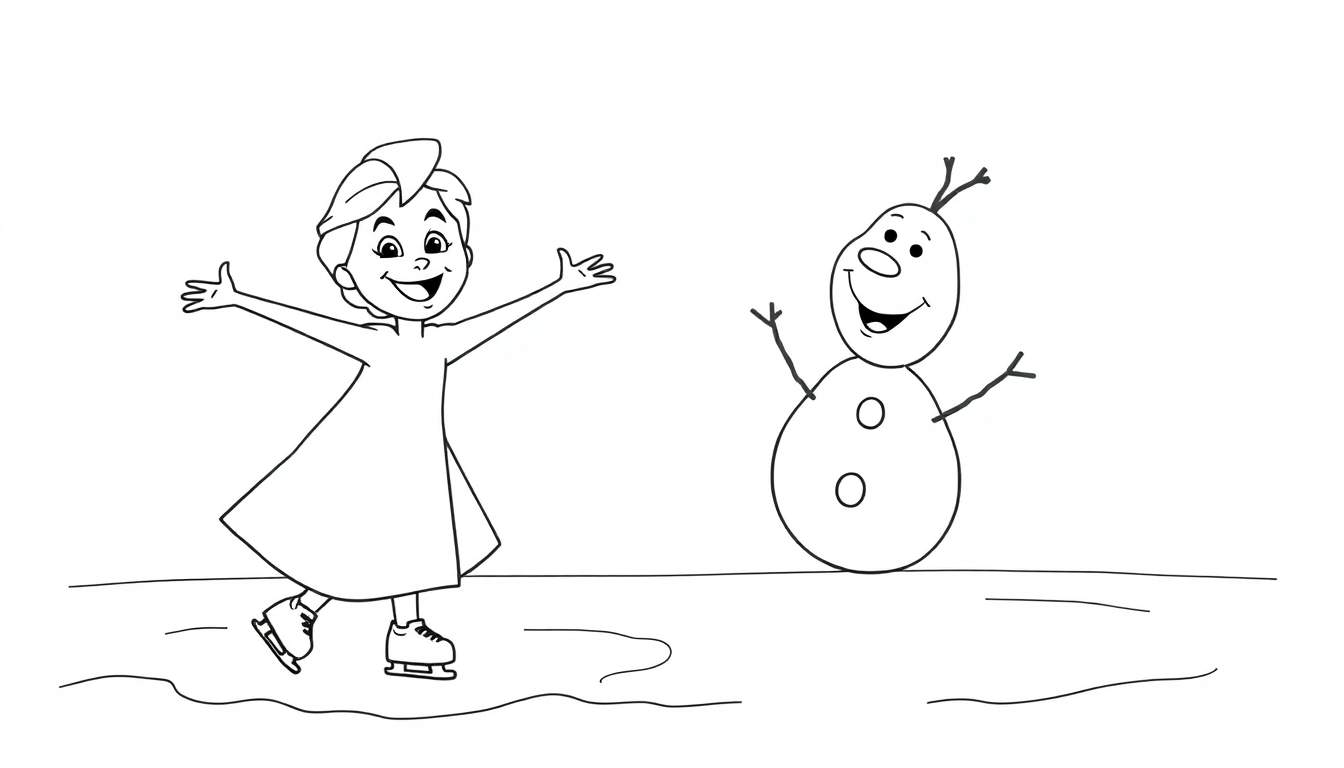 Disegno da colorare di una bambina che pattina sul ghiaccio con un pupazzo di neve.