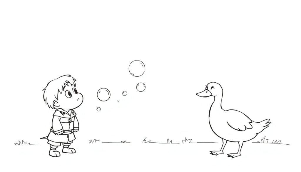 Disegno da colorare di un bambino sorridente a sinistra e un'anatra amichevole a destra, con bolle di sapone che fluttuano tra loro in un prato verde stilizzato.