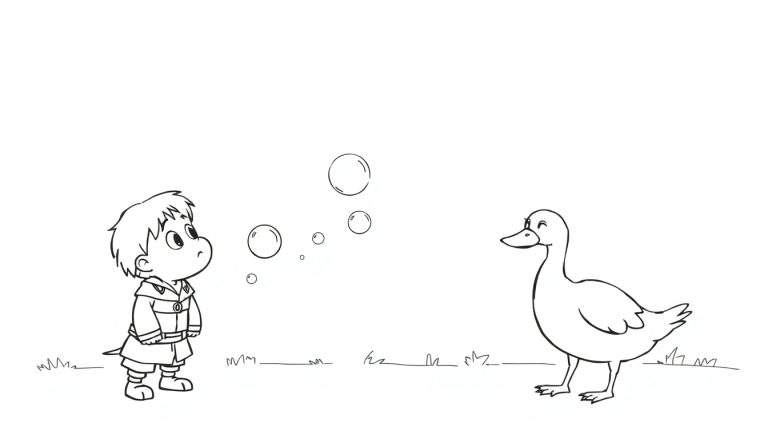 Disegno da colorare di un bambino sorridente a sinistra e un'anatra amichevole a destra, con bolle di sapone che fluttuano tra loro in un prato verde stilizzato.