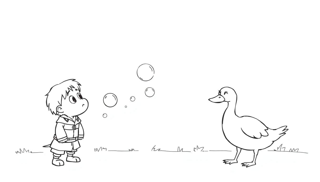 Disegno da colorare di un bambino sorridente a sinistra e un'anatra amichevole a destra, con bolle di sapone che fluttuano tra loro in un prato verde stilizzato.