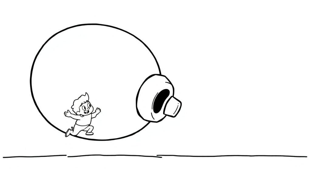 Disegno da colorare di un bambino che corre dentro una palla spinta da un fungo.