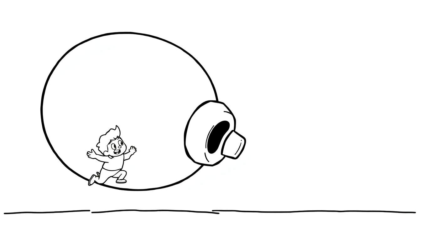 Disegno da colorare di un bambino che corre dentro una palla spinta da un fungo.