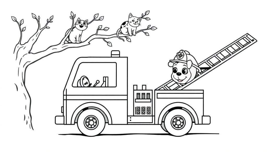 Disegno da colorare di un camion dei pompieri con un cane pompiere su una scala e due gatti su un albero.