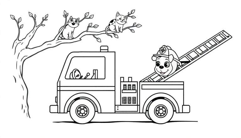 Disegno da colorare di un camion dei pompieri con un cane pompiere su una scala e due gatti su un albero.