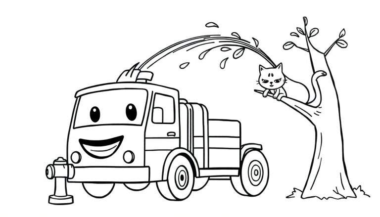 Disegno da colorare di un camion dei pompieri con una faccia sorridente che spruzza acqua, con un gatto su un albero.