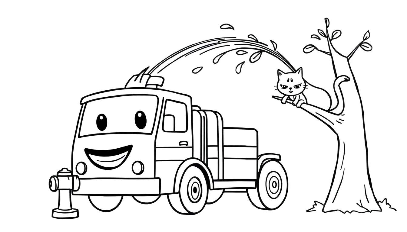 Disegno da colorare di un camion dei pompieri con una faccia sorridente che spruzza acqua, con un gatto su un albero.