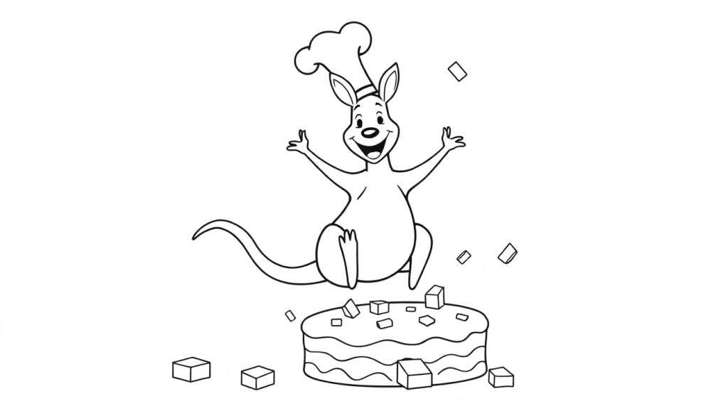 Disegno in bianco e nero di un canguro cartone animato con cappello da chef, che salta su una torta decorata.