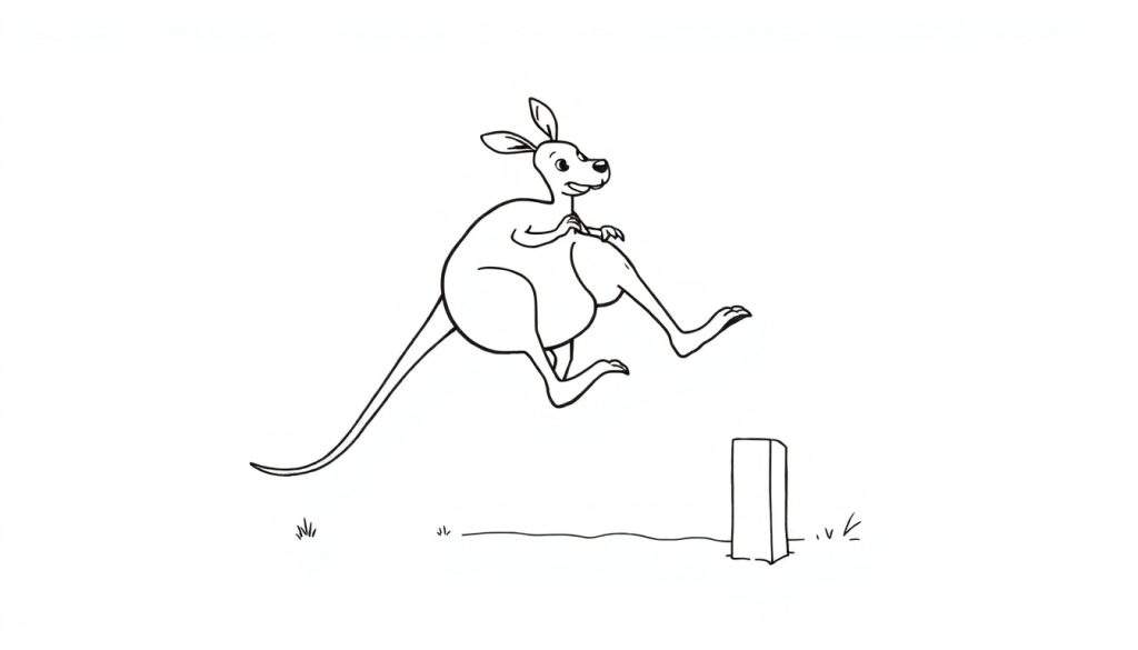Disegno in bianco e nero di un canguro in salto con erba stilizzata sotto.