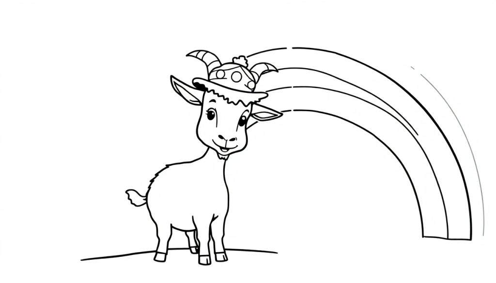 Disegno in bianco e nero di una capra con cappello, accanto a un arcobaleno, pronto per essere colorato.