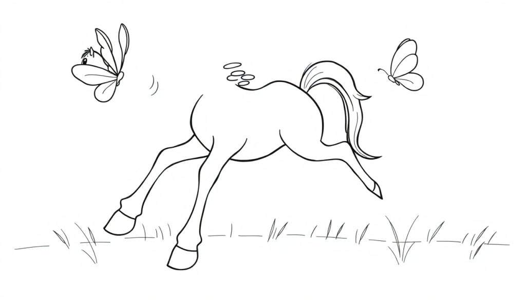 Disegno a contorno di un cavallo che corre con farfalle che gli volano intorno, pronto da colorare.