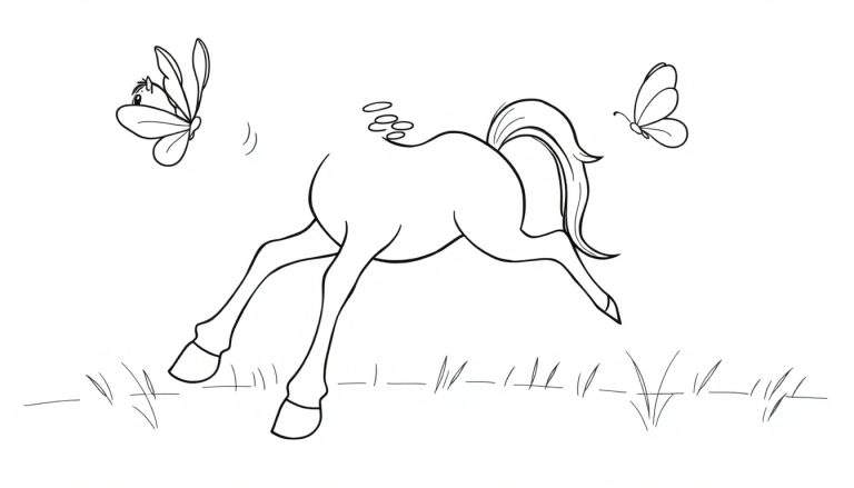 Disegno a contorno di un cavallo che corre con farfalle che gli volano intorno, pronto da colorare.