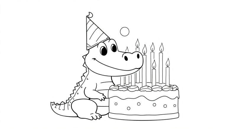 Disegno da colorare di un coccodrillo cartone animato con cappello da festa seduto vicino a una torta di compleanno con candeline accese.