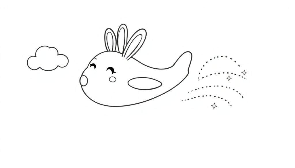 Disegno da colorare di un aereo a forma di coniglio con orecchie lunghe, muso sorridente, finestra ovale, che vola tra le nuvole con scie tratteggiate e stelle.