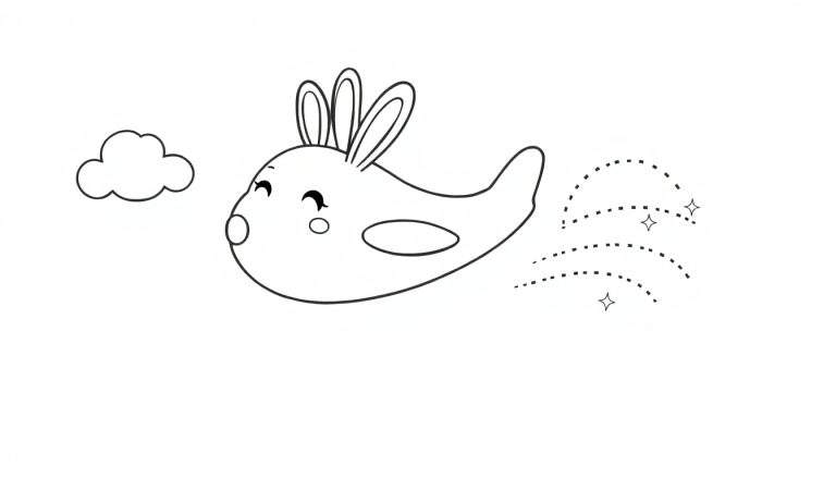 Disegno da colorare di un aereo a forma di coniglio con orecchie lunghe, muso sorridente, finestra ovale, che vola tra le nuvole con scie tratteggiate e stelle.