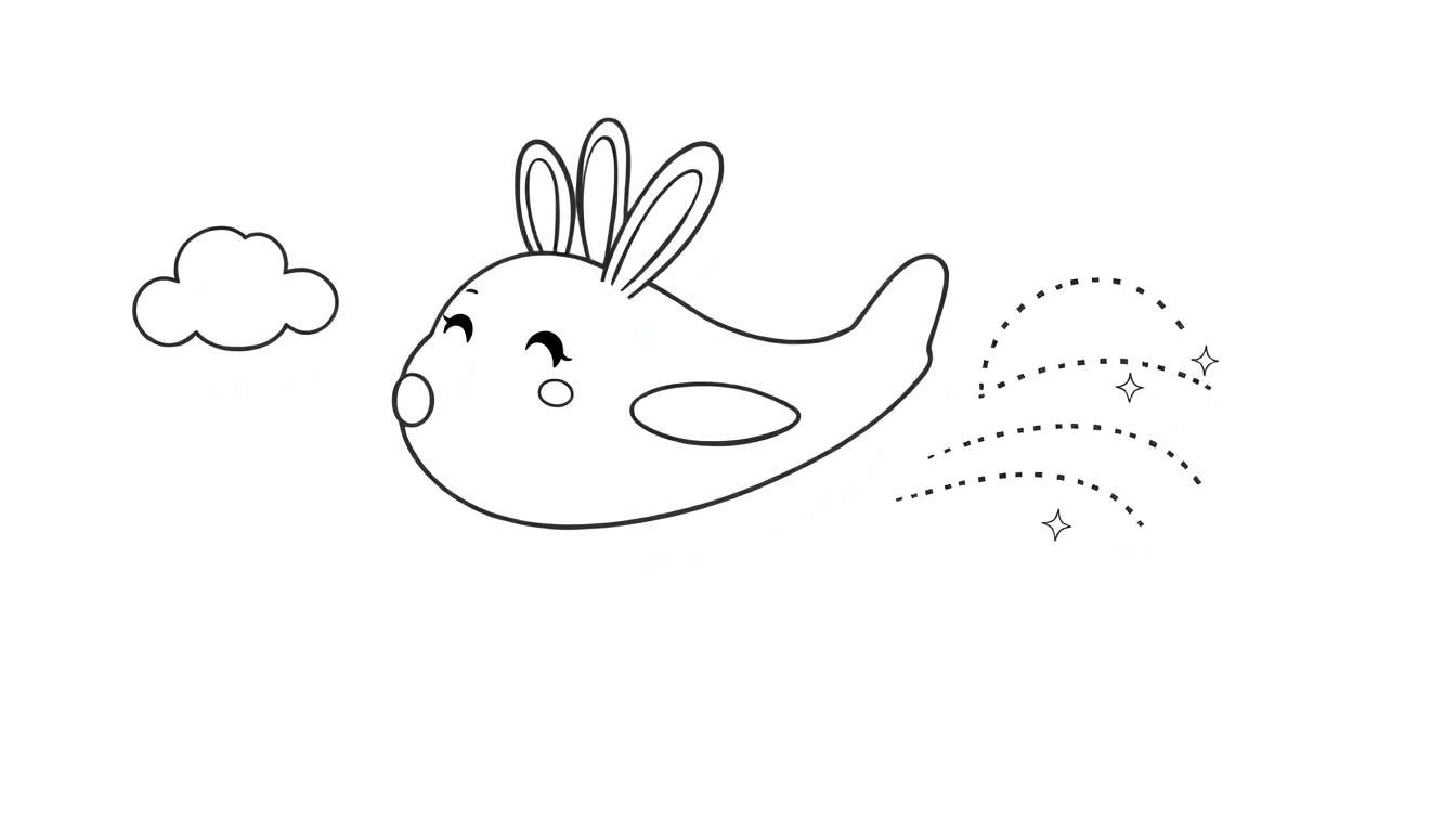 Disegno da colorare di un aereo a forma di coniglio con orecchie lunghe, muso sorridente, finestra ovale, che vola tra le nuvole con scie tratteggiate e stelle.